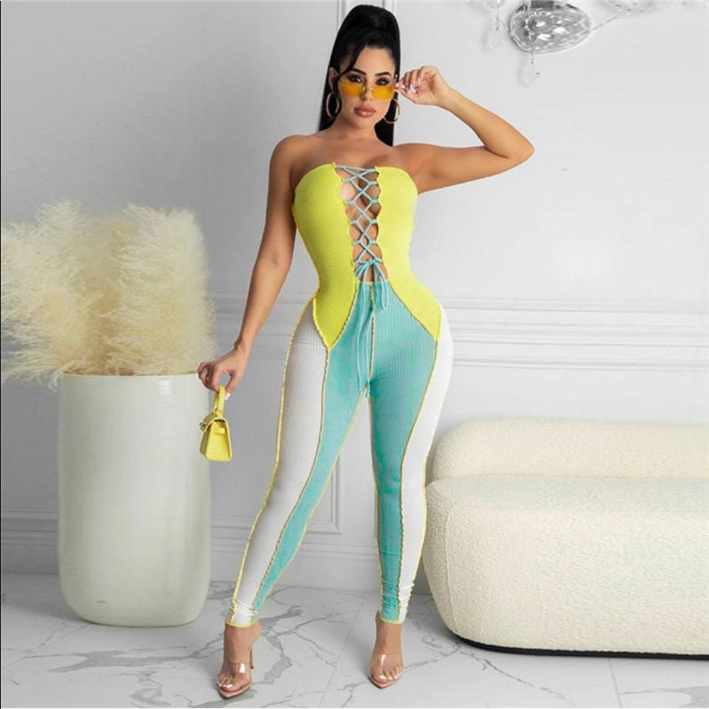 Strapless Lace- Up Jumpsuit